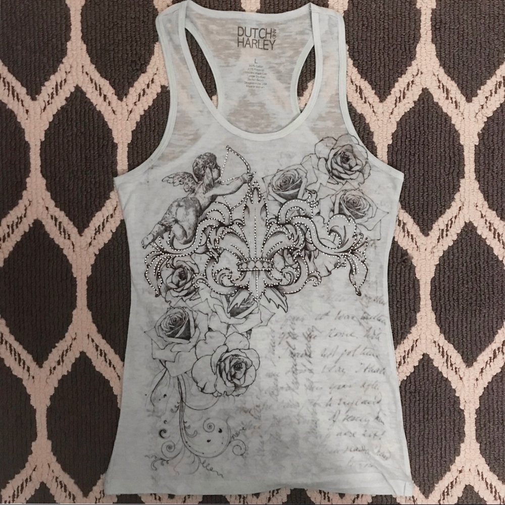 Girls mint light blue rhinestone angel tank top L
